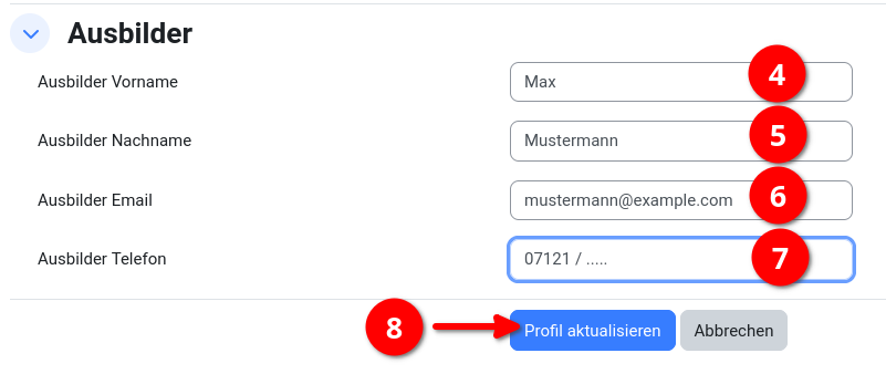 Ausbilderdaten eintragen